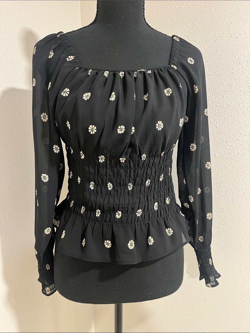 Madewell Black Long-Sleeve Smocked Peplum Top with Cream Floral Dots-XXSMALL